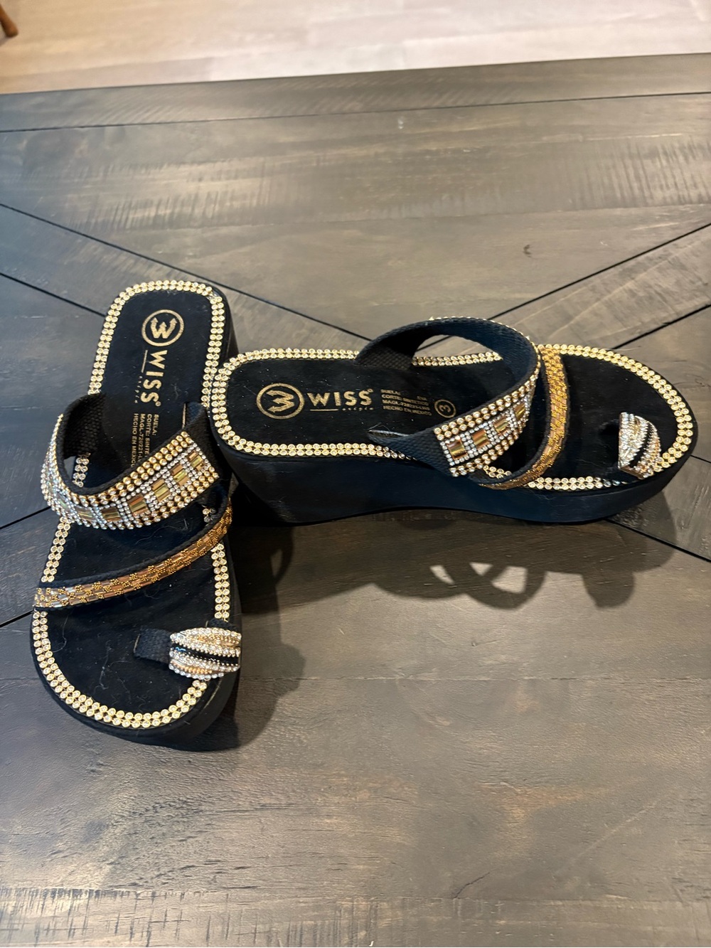 Black and Gold Embellished Wedge Sandals